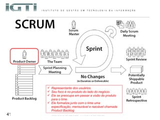 Representante dos usuários. Seu foco é no produto do lado do negócio.  Ele se preocupa em passar a visão do produto para o time.  Ele formaliza junto com o time uma especificação, mensurável e razoável chamada Product Backlog  