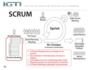 O Product Backlog lista os entregáveis do produto.  Seu conteúdo é ordenado pelo valor para o negócio.  A prioridade dos itens do Backlog pode mudar. Requisitos podem ser adicionados e removidos  O Product Backlog é planejado continuamente. 