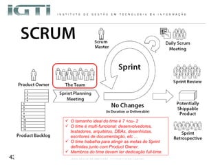 O tamanho ideal do time é 7 +ou- 2 O time é multi-funcional: desenvolvedores, testadores, arquitetos, DBAs, desenhistas, escritores de documentação, etc ...  O time trabalha para atingir as metas do Sprint definidas junto com Product Owner. Membros do time devem ter dedicação full-time. 
