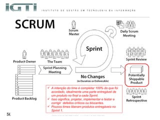 A intenção do time é completar 100% do que foi acordado, idealmente uma parte entregável de um produto no final a cada Sprint. Isso significa, projetar, implementar e testar e corrigir  defeitos críticos ou blocantes. Poucos times liberam produtos entregáveis no Sprint 1. 