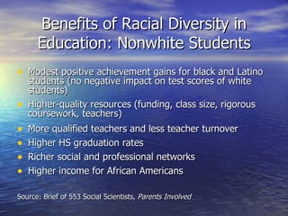 Benefits of Racial Diversity in Education: Nonwhite Students Modest positive achievement gains for black and Latino students (no negative impact on test scores of white students) Higher-quality resources (funding, class size, rigorous coursework, teachers) More qualified teachers and less teacher turnover Higher HS graduation rates  Richer social and professional networks Higher income for African Americans Source: Brief of 553 Social Scientists,  Parents Involved 