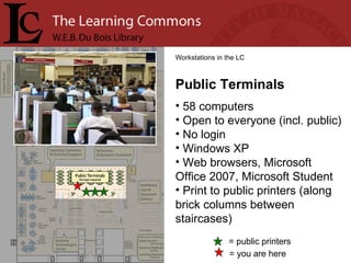 = you are here Workstations in the LC Public Terminals 58 computers Open to everyone (incl. public) No login Windows XP Web browsers, Microsoft Office 2007, Microsoft Student Print to public printers (along brick columns between staircases) = public printers 