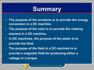 Summary
• The purpose of the armature is to provide the energy
conversion in a DC machine.
• The purpose of the rotor is to provide the rotating
element in a DC machine.
• In DC machines, the purpose of the stator is to
provide the field.
• The purpose of the field in a DC machine is to
provide a magnetic field for producing either a
voltage or a torque.
 