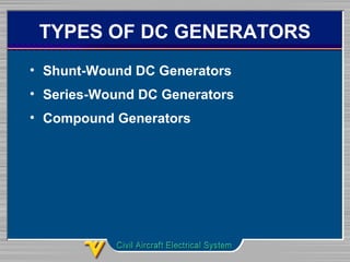 TYPES OF DC GENERATORS
• Shunt-Wound DC Generators
• Series-Wound DC Generators
• Compound Generators
 