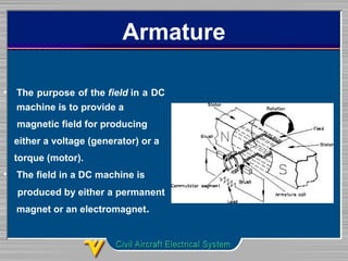 Armature
• The purpose of the field in a DC
machine is to provide a
magnetic field for producing
either a voltage (generator) or a
torque (motor).
• The field in a DC machine is
produced by either a permanent
magnet or an electromagnet.
 