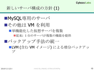 新しいサーバ構成の方針 (1)<br />MySQL専用のサーバ<br />その他は VM を利用<br />単機能化した仮想サーバを複数<br />従来: １台のサーバが複数の機能を提供<br />バックアップ手法の統一<br />LVM (...