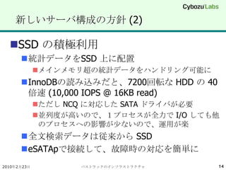 新しいサーバ構成の方針 (2)<br />SSD の積極利用<br />統計データをSSD 上に配置<br />メインメモリ超の統計データをハンドリング可能に<br />InnoDBの読み込みだと、7200回転な HDD の 40 倍速 (10...