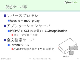 仮想サーバ群<br />リバースプロキシ<br />Apache + mod_proxy<br />アプリケーションサーバ<br />PSSPSS (PSGI の実装) + CGI::Application<br />ホットデプロイ可能<br ...