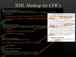 XML Markup for CFR’s <CPText> <paragraphnumber>182</paragraphnumber> <basetext>A <strong><CPFeatureRef ref=&quot;Regulated_Navigation_Area&quot; /></strong> has been established in the vicinity of the <CPFeatureRef ref=&quot;Portsmouth_Naval_Shipyard&quot;  /> on <CPFeatureRef ref=&quot;Seavey_Island&quot;  />. (See   <CFRRef>   <sections start=&quot;165.1&quot; end=&quot;165.13&quot;/>   <sections list=&quot;165.101&quot;/> </CFRRef>   , for limits and regulations.)  </basetext> </CPText> <CPText> <paragraphnumber>183</paragraphnumber> <basetext>A moving safety zone is established surrounding tank vessels carrying Liquified Petroleum Gas (LPG) while transiting   <CPFeatureRef ref=&quot;Bigelow_Bight&quot;  />, <CPFeatureRef ref=&quot;Portsmouth_Harbor&quot;  /> and the <CPFeatureRef ref=&quot;Piscataqua_River&quot;  />.   (See   <CFRRef>   <sections list=&quot;165.20 165.23 165.103&quot;/>   </CFRRef> ,  for limits and regulations)  </basetext> </CPText> <CPText> <paragraphnumber>184</paragraphnumber> <basetext> <strong><CPFeatureRef ref=&quot;Restricted_areas&quot; /></strong> … (See   <CFRRef><sections list=&quot;334.50&quot;/></CFRRef>   , for limits and regulations.)  </basetext> </CPText> <subTitle>COLREGS Demarcation Lines </subTitle> <CPText> <paragraphnumber>185</paragraphnumber> <basetext>The lines established for <CPFeatureRef ref=&quot;Portsmouth_Harbor&quot; /> are described in <CFRRef><sections list=&quot;80.115&quot;/></CFRRef> .  </basetext> </CPText> 