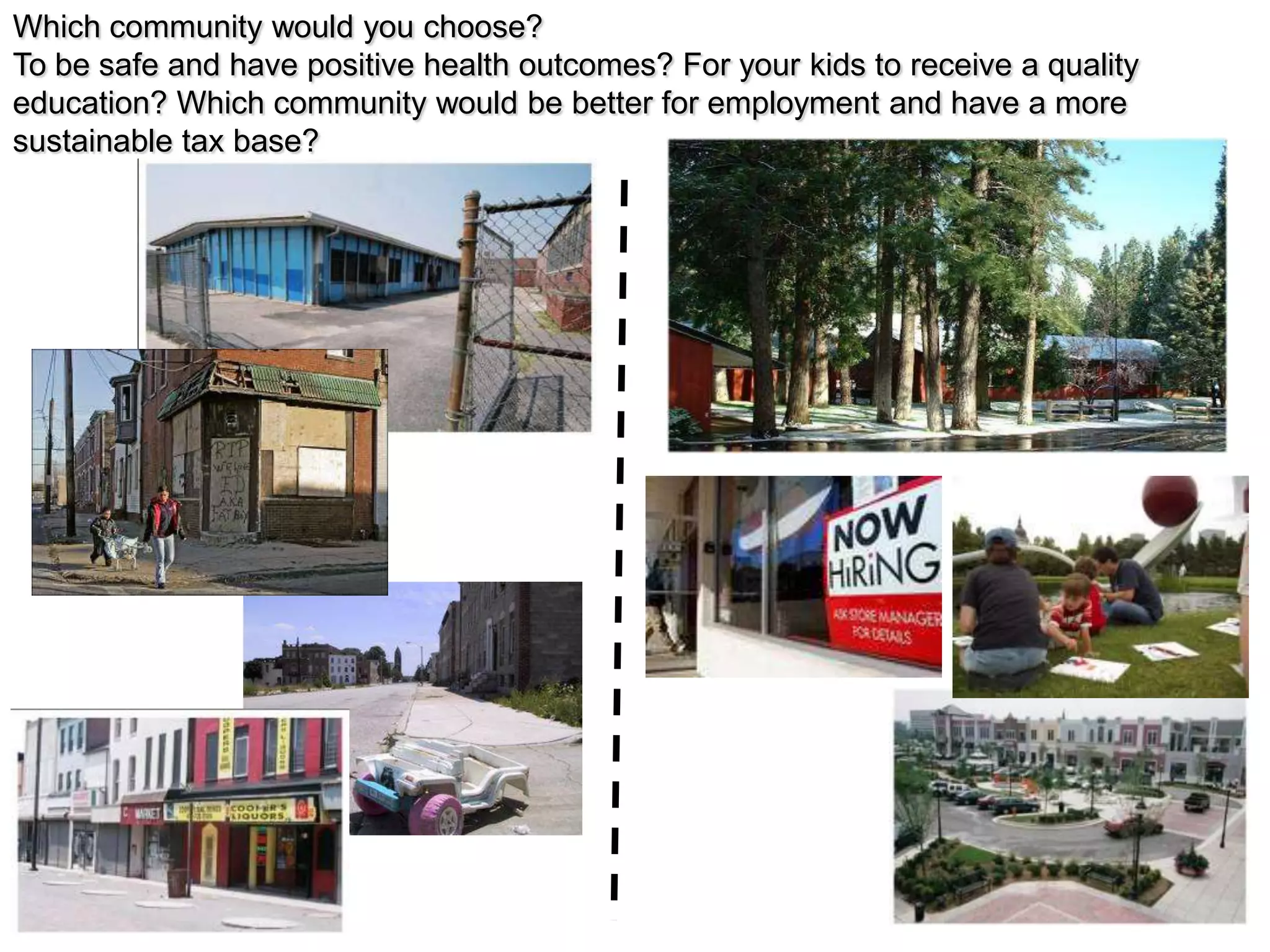 Which community would you choose?
To be safe and have positive health outcomes? For your kids to receive a quality
education? Which community would be better for employment and have a more
sustainable tax base?
 