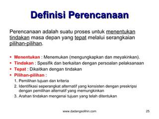 Definisi Perencanaan
Perencanaan adalah suatu proses untuk menentukan
tindakan masa depan yang tepat melalui serangkaian
pilihan-pilihan.

   Menentukan : Menemukan (mengungkapkan dan meyakinkan).
   Tindakan : Spesifik dan berkaitan dengan persoalan pelaksanaan
   Tepat : Dikaitkan dengan tindakan
   Pilihan-pilihan :
    1. Pemilihan tujuan dan kriteria
    2. Identifikasi seperangkat alternatif yang konsisten dengan preskripsi
       dengan pemilihan alternatif yang memungkinkan
    3. Arahan tindakan mengenai tujuan yang telah ditentukan


                                www.dadangsolihin.com                         25
 