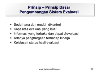 Prinsip – Prinsip Dasar
       Pengembangan Sistem Evaluasi


   Sederhana dan mudah dikontrol
   Kapasitas evaluasi yang kuat
   Informasi yang terbuka dan dapat dievaluasi
   Adanya penghargaan terhadap kinerja
   Kejelasan status hasil evaluasi




                    www.dadangsolihin.com         57
 