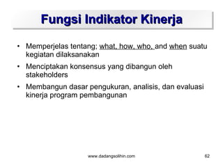 Fungsi Indikator Kinerja

• Memperjelas tentang; what, how, who, and when suatu
  kegiatan dilaksanakan
• Menciptakan konsensus yang dibangun oleh
  stakeholders
• Membangun dasar pengukuran, analisis, dan evaluasi
  kinerja program pembangunan




                   www.dadangsolihin.com               62
 