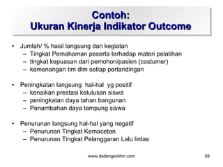 Contoh:
       Ukuran Kinerja Indikator Outcome
•   Jumlah/ % hasil langsung dari kegiatan
     – Tingkat Pemahaman peserta terhadap materi pelatihan
     – tingkat kepuasan dari pemohon/pasien (costumer)
     – kemenangan tim dlm setiap pertandingan

•   Peningkatan langsung hal-hal yg positif
     – kenaikan prestasi kelulusan siswa
     – peningkatan daya tahan bangunan
     – Penambahan daya tampung siswa

•   Penurunan langsung hal-hal yang negatif
     – Penurunan Tingkat Kemacetan
     – Penurunan Tingkat Pelanggaran Lalu lintas

                           www.dadangsolihin.com             68
 