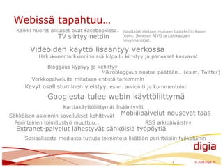 Webissä tapahtuu…2	© 2008 Digia PlcKaikki nuoret aikuiset ovat Facebookissa. Kuluttajat otetaan mukaan tuotekehitykseen (esim. Soneran AIVO ja Lähikaupan neuvonantajat.TV siirtyy nettiinVideoiden käyttö lisääntyy verkossaHakukonemarkkinoinnissä kilpailu kiristyy ja panokset kasvavatBloggaus kypsyy ja kehittyyMikrobloggaus nostaa päätään… (esim. Twitter)Verkkopalveluita mitataan entistä tarkemminKevyt osallistuminen yleistyy, esim. arviointi ja kommentointiGooglesta tulee webin käyttöliittymäKarttakäyttöliittymät lisääntyvätMobiilipalvelut nousevat taasSähköisen asioinnin sovellukset kehittyvätRSS arkipäiväistyyPerinteinen toimitustyö muuttuu…Extranet-palvelut lähestyvät sähköisiä työpöytiäSosiaalisesta mediasta tuttuja toimintoja lisätään perinteisiin työkaluihin