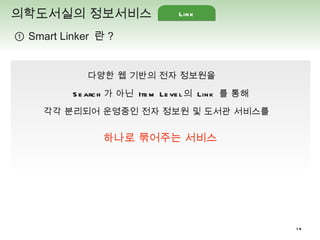 다양한 웹 기반의 전자 정보원을  의학도서실의 정보서비스 ①  Smart Linker  란 ?  Search 가 아닌  Item Level 의  Link  를 통해 각각 분리되어 운영중인 전자 정보원 및 도서관 서비스를  하나로 묶어주는 서비스 Link 