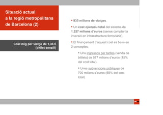 Situació actual
a la regió metropolitana                935 milions de viatges.
de Barcelona (2)
                                         Un cost operatiu total del sistema de
                                       1.257 milions d’euros (sense comptar la
                                       inversió en infraestructura ferroviària).

                                         El finançament d’aquest cost es basa en
    Cost mig per viatge de 1,36 €
                   (bitllet senzill)   2 conceptes:

                                              Uns ingressos per tarifes (venda de
                                            bitllets) de 577 milions d’euros (45%
                                            del cost total).

                                              Unes subvencions públiques de
                                            700 milions d’euros (55% del cost
                                            total).
 