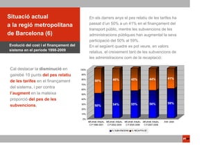 Situació actual                                 En els darrers anys el pes relatiu de les tarifes ha
                                                passat d’un 50% a un 41% en el finançament del
a la regió metropolitana
                                                transport públic, mentre les subvencions de les
de Barcelona (6)                                administracions públiques han augmentat la seva
                                                participació del 50% al 59%.
Evolució del cost i el finançament del          En el següent quadre es pot veure, en valors
sistema en el període 1998-2009
                                                relatius, el creixement tant de les subvencions de
                                                les administracions com de la recaptació:

 Cal destacar la disminució en           100%

 gairebé 10 punts del pes relatiu        90%

                                         80%                       46%            45%            44%         41%
 de les tarifes en el finançament                    50%
                                         70%
 del sistema, i per contra               60%
 l’augment en la mateixa                 50%

 proporció del pes de les                40%

                                         30%                       54%            55%            56%         59%
 subvencions.                                        50%
                                         20%

                                         10%

                                          0%
                                                MITJANA ANUAL MITJANA ANUAL MITJANA ANUAL MITJANA ANUAL    ANY 2009
                                                 C-P 1998-2001 C-P 2002-2004 C-P 2005-2006 C-P 2007-2008

                                                                  % SUBVENCIONS   % RECAPTACIÓ
 