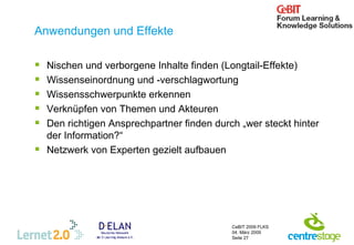 Anwendungen und Effekte Nischen und verborgene Inhalte finden (Longtail-Effekte) Wissenseinordnung und -verschlagwortung Wissensschwerpunkte erkennen Verknüpfen von Themen und Akteuren Den richtigen Ansprechpartner finden durch „wer steckt hinter der Information?“ Netzwerk von Experten gezielt aufbauen 