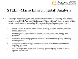 STEEP (Macro Environmental) Analysis <ul><li>Strategic analysis begins with environmental market scanning and impact asses...