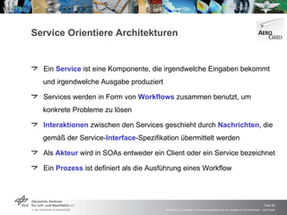Service Orientiere Architekturen Ein  Service  ist eine Komponente, die irgendwelche Eingaben bekommt und irgendwelche Ausgabe produziert Services werden in Form von  Workflows  zusammen benutzt, um konkrete Probleme zu lösen Interaktionen  zwischen den Services geschieht durch  Nachrichten , die gemäß der Service- Interface -Spezifikation übermittelt werden Als  Akteur  wird in SOAs entweder ein Client oder ein Service bezeichnet  Ein  Prozess  ist definiert als die Ausführung eines Workflow 