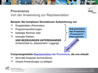 Provenance Von der Anwendung zur Repräsentation Beispiel: Bei komplexen Simulationen Aufzeichnung von Eingabedaten (Parameter), Programmausführungen, beteiligte Rechner oder erzeugte Dateien. UND BEZIEHUNGEN UNTEREINANDER   (Unterschied zu „klassischem“ Logging!) Computergestützte  Repräsentation  der Provenienz , die uns erlaubt Sinnvolle Analysen durchzuführen Unsere Anwendungen zu belegen Dokumentation  des Prozesses: „Provenance“- Informationen  dazu notwendig 