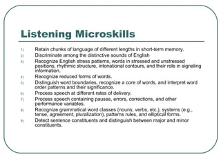 Listening Microskills
1)
2)
3)

4)
5)
6)
7)
8)
9)

Retain chunks of language of different lengths in short-term memory.
Discriminate among the distinctive sounds of English
Recognize English stress patterns, words in stressed and unstressed
positions, rhythmic structure, intonational contours, and their role in signaling
information.
Recognize reduced forms of words.
Distinguish word boundaries, recognize a core of words, and interpret word
order patterns and their significance.
Process speech at different rates of delivery.
Process speech containing pauses, errors, corrections, and other
performance variables.
Recognize grammatical word classes (nouns, verbs, etc.), systems (e.g.,
tense, agreement, pluralization), patterns rules, and elliptical forms.
Detect sentence constituents and distinguish between major and minor
constituents.

 