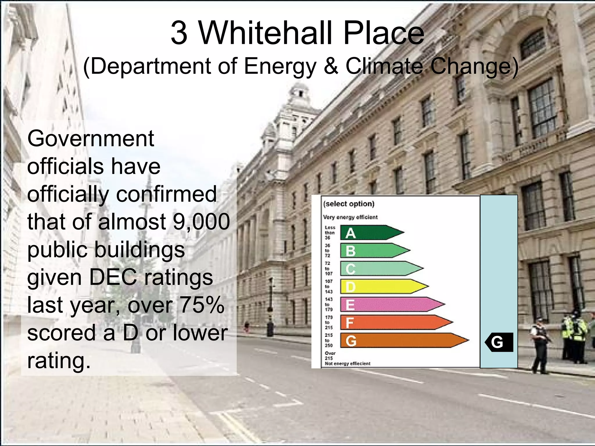 3 Whitehall Place  (Department of Energy & Climate Change) Government officials have officially confirmed that of almost 9,000 public buildings given DEC ratings last year, over 75% scored a D or lower rating.   G 