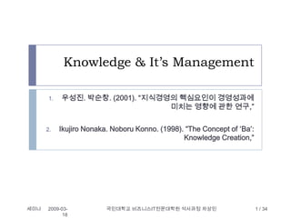 Knowledge & It’s Management

            우성진. 박순창. (2001). “지식경영의 핵심요인이 경영성과에
       1.
                                   미치는 영향에 관한 연구,”


            Ikujiro Nonaka. Noboru Konno. (1998). “The Concept of ‘Ba’:
      2.
                                                 Knowledge Creation,”




세미나                       국민대학교 비즈니스IT전문대학원 석사과정 차상민
      2009-03-                                                            1 / 34
            18
 