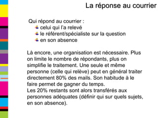 La réponse au courrier Qui répond au courrier : celui qui l’a relevé le référent/spécialiste sur la question en son absence Là encore, une organisation est nécessaire. Plus on limite le nombre de répondants, plus on simplifie le traitement. Une seule et même personne (celle qui relève) peut en général traiter directement 80% des mails. Son habitude à le faire permet de gagner du temps. Les 20% restants sont alors transférés aux personnes adéquates (définir qui sur quels sujets, en son absence). 