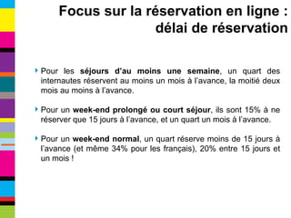 Pour les  séjours d’au moins une semaine , un quart des internautes réservent au moins un mois à l’avance, la moitié deux mois au moins à l’avance. Pour un  week-end prolongé ou court séjour , ils sont 15% à ne réserver que 15 jours à l’avance, et un quart un mois à l’avance. Pour un  week-end normal , un quart réserve moins de 15 jours à l’avance (et même 34% pour les français), 20% entre 15 jours et un mois ! Focus sur la réservation en ligne : délai de réservation 