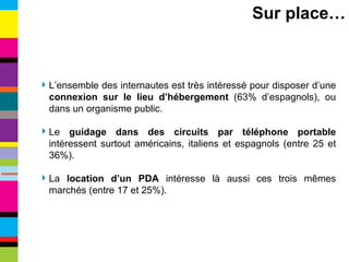 L’ensemble des internautes est très intéressé pour disposer d’une  connexion sur le lieu d’hébergement  (63% d’espagnols), ou dans un organisme public. Le  guidage dans des circuits par téléphone portable  intéressent surtout américains, italiens et espagnols (entre 25 et 36%). La  location d’un PDA  intéresse là aussi ces trois mêmes marchés (entre 17 et 25%). Sur place… 