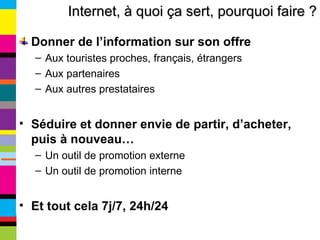 Donner de l’information sur son offre Aux touristes proches, français, étrangers Aux partenaires Aux autres prestataires Séduire et donner envie de partir, d’acheter, puis à nouveau… Un outil de promotion externe Un outil de promotion interne Et tout cela 7j/7, 24h/24 Internet, à quoi ça sert, pourquoi faire ? 