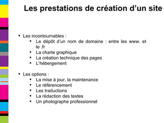 Les incontournables : Le dépôt d’un nom de domaine : entre les www. et le .fr La charte graphique La création technique des pages L’hébergement Les options : La mise à jour, la maintenance Le référencement Les traductions La rédaction des textes Un photographe professionnel Les prestations de création d’un site 