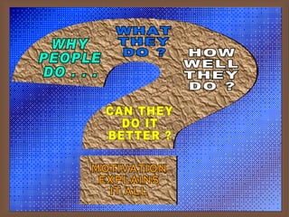 WHY PEOPLE DO . . . WHAT THEY  DO ? HOW WELL THEY DO ? CAN THEY DO IT BETTER ? MOTIVATION EXPLAINS IT ALL 
