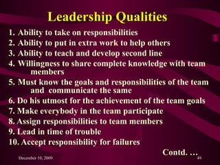 Leadership Qualities <ul><li>Ability to take on responsibilities </li></ul><ul><li>Ability to put in extra work to help ot...