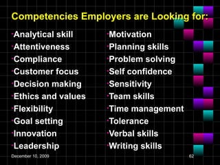 Competencies Employers are Looking for: <ul><li>Analytical skill </li></ul><ul><li>Attentiveness </li></ul><ul><li>Complia...