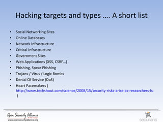 Hacking targets and types …. A short list <ul><li>Social Networking Sites </li></ul><ul><li>Online Databases </li></ul><ul...