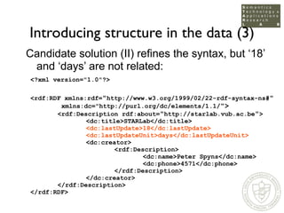 Introducing structure in the data (3)
Candidate solution (II) refines the syntax, but ‘18’
 and ‘days’ are not related:
<?...