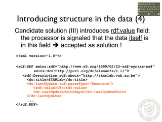 Introducing structure in the data (4)
Candidate solution (III) introduces rdf:value field:
 the processor is signaled that...