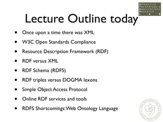 Lecture Outline today
•   Once upon a time there was XML

•   W3C Open Standards Compliance

•   Resource Description Fram...