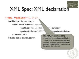 XML Spec: XML declaration
<?xml version=“1.0”?>
 <medicine-inventory>
     <medicine name=“asperin”>
           <author>Fe...