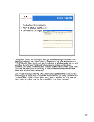 Using iRise Studio, we’ll walk you through three of the high value tasks we
examined showing the current (AS-IS) version and the final revised version
(TO-BE) the BI Team developed with the clinicians. We’ll describe the current
workflow, the changes that the clinicians recommended and the team
identified, and show you the revised screens and how they will be used. We’ll
conclude each task with a summary of how we created the screen in iRise
along with any tips/lessons learned.
Our overall challenge: Having a full understanding of both the users and the
technology (i.e. being able to think like a clinician and yet being clear that the
computer won’t make coffee). Also, being able to address not only how the
users use the system now but the potential for how it can be used.




                                                                                     23
 