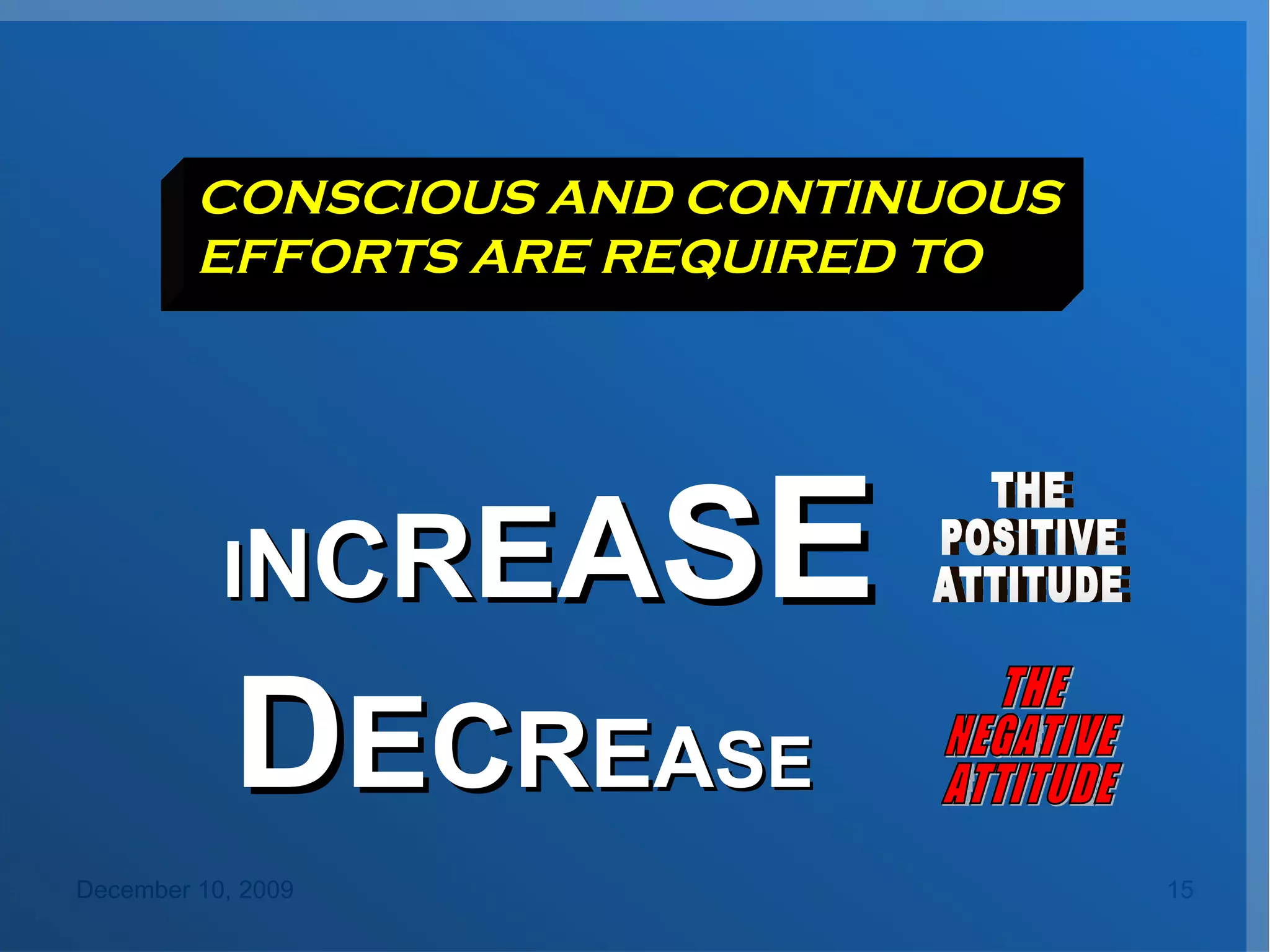 CONSCIOUS AND CONTINUOUS  EFFORTS ARE REQUIRED TO I N C R E A S E D E C R E A S E THE NEGATIVE ATTITUDE THE POSITIVE ATTITUDE 