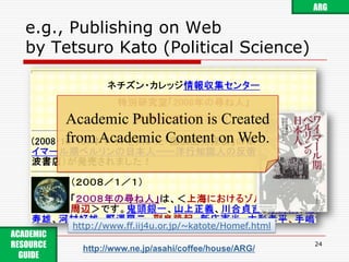 e.g., Publishing on Webby Tetsuro Kato (Political Science)24ARGAcademic Publication is Created from Academic Content on Web.http://www.ff.iij4u.or.jp/~katote/Homef.htmlACADEMIC RESOURCE GUIDE http://www.ne.jp/asahi/coffee/house/ARG/