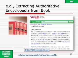 e.g., Extracting Authoritative Encyclopedia from Book26ARGhttp://100.yahoo.co.jp/ACADEMIC RESOURCE GUIDE http://www.ne.jp/asahi/coffee/house/ARG/