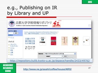 e.g., Publishing on IRby Library and UP27ARGhttp://repository.kulib.kyoto-u.ac.jp/dspace/handle/2433/49762ACADEMIC RESOURCE GUIDE http://www.ne.jp/asahi/coffee/house/ARG/