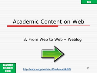 e.g., Publishing on Webby Academic Publisher#135ARGhttp://literacies.9640.jp/ACADEMIC RESOURCE GUIDE http://www.ne.jp/asahi/coffee/house/ARG/