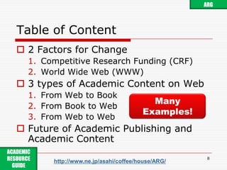 Table of Content8ARGMany Examples!ACADEMIC RESOURCE GUIDE http://www.ne.jp/asahi/coffee/house/ARG/2 Factors for ChangeCompetitive Research Funding (CRF)World Wide Web (WWW)3 types of Academic Content on WebFrom Web to BookFrom Book to WebFrom Web to WebFuture of Academic Publishing and Academic Content