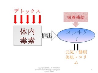 ǥȥå
                                            Bao


         ų
                                            å
                                           

                                            Ԫ?
                                            ?
                                              
       copyright(c)2009.3.30 White Hole
   Environment Technology Holdings Ltd.            4
                 Yumiko HIRAI
 